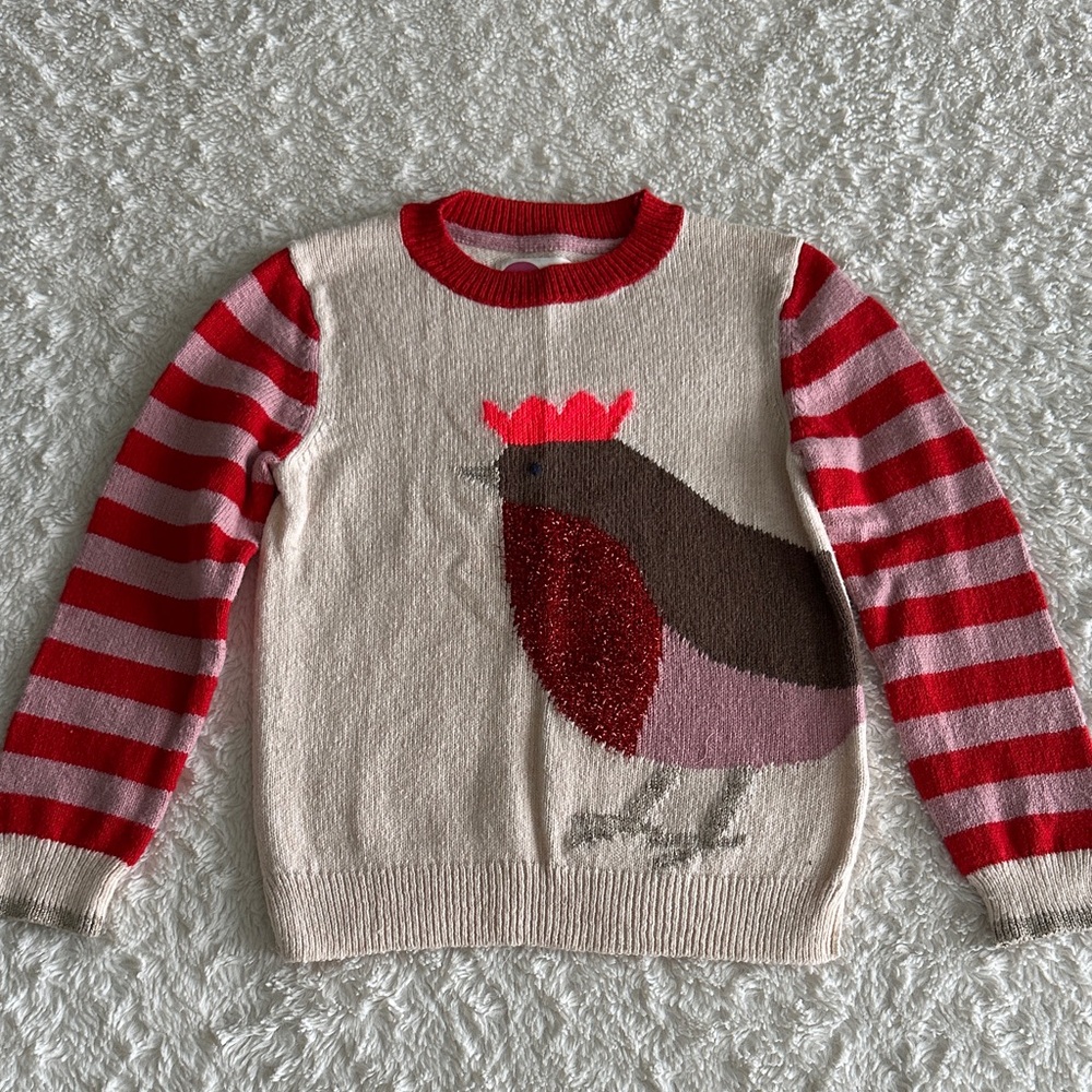 Mini Boden girls size 5-6 bird in crown sweater pink red oatmeal winter holiday